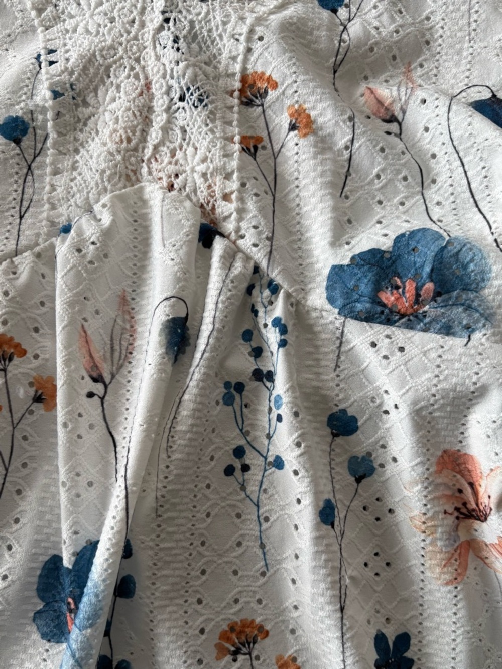 White Eyelet Floral Lace-Trim Blouse - Blue & Peach Flowers - Picture 2 of 3